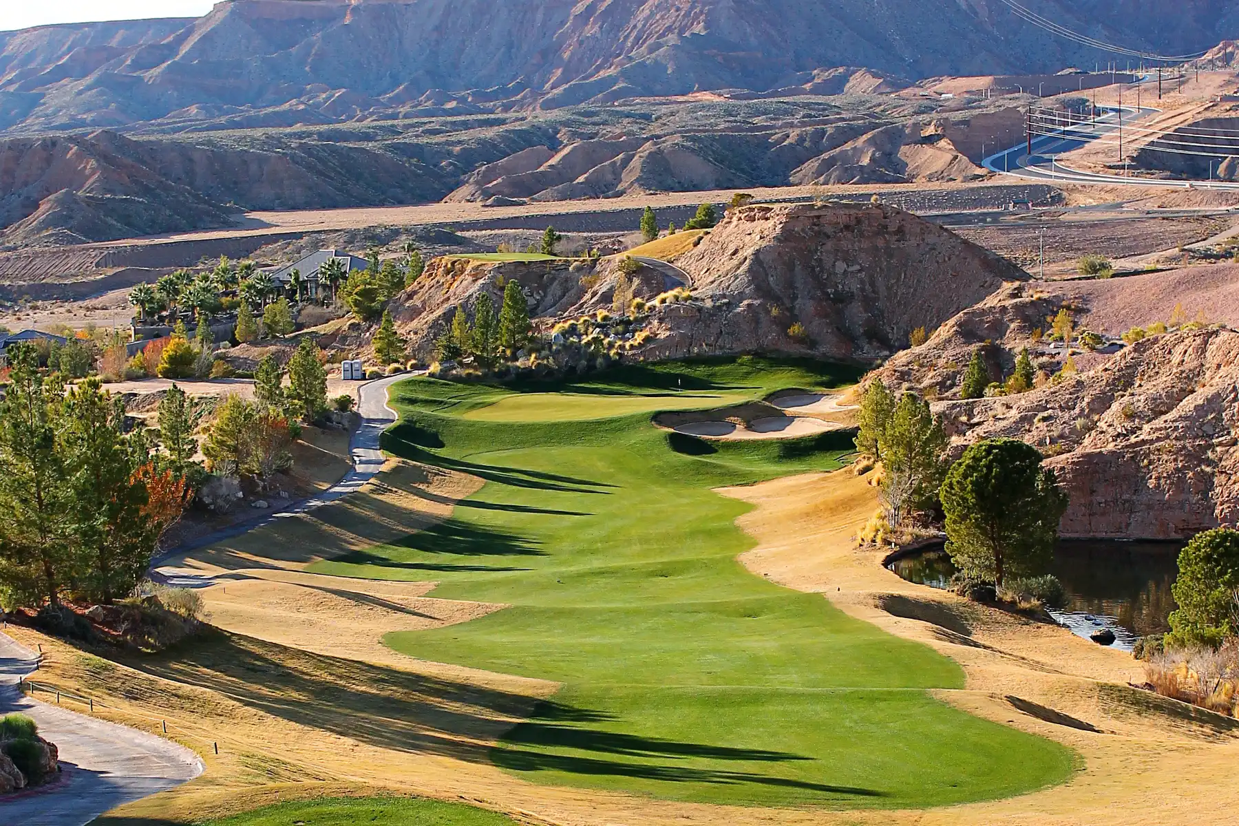 Falcon Ridge Golf Club panoramic view of finishing holes with Mesquite valley and distant mountains